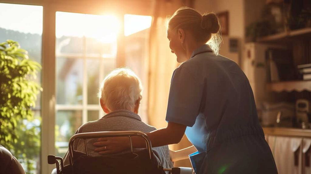 Resident and caregiver calmly discuss a concern at a table in a bright assisted living common room.