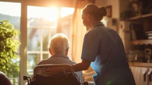 Resident and caregiver calmly discuss a concern at a table in a bright assisted living common room.